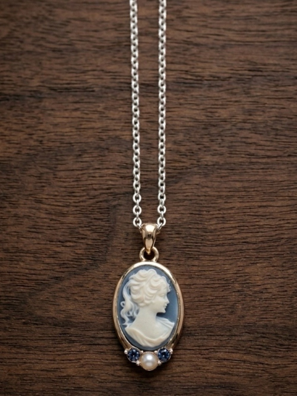 Pretty Blue Cameo Pendant Necklace with faux Pearl and Blue Stones Accents